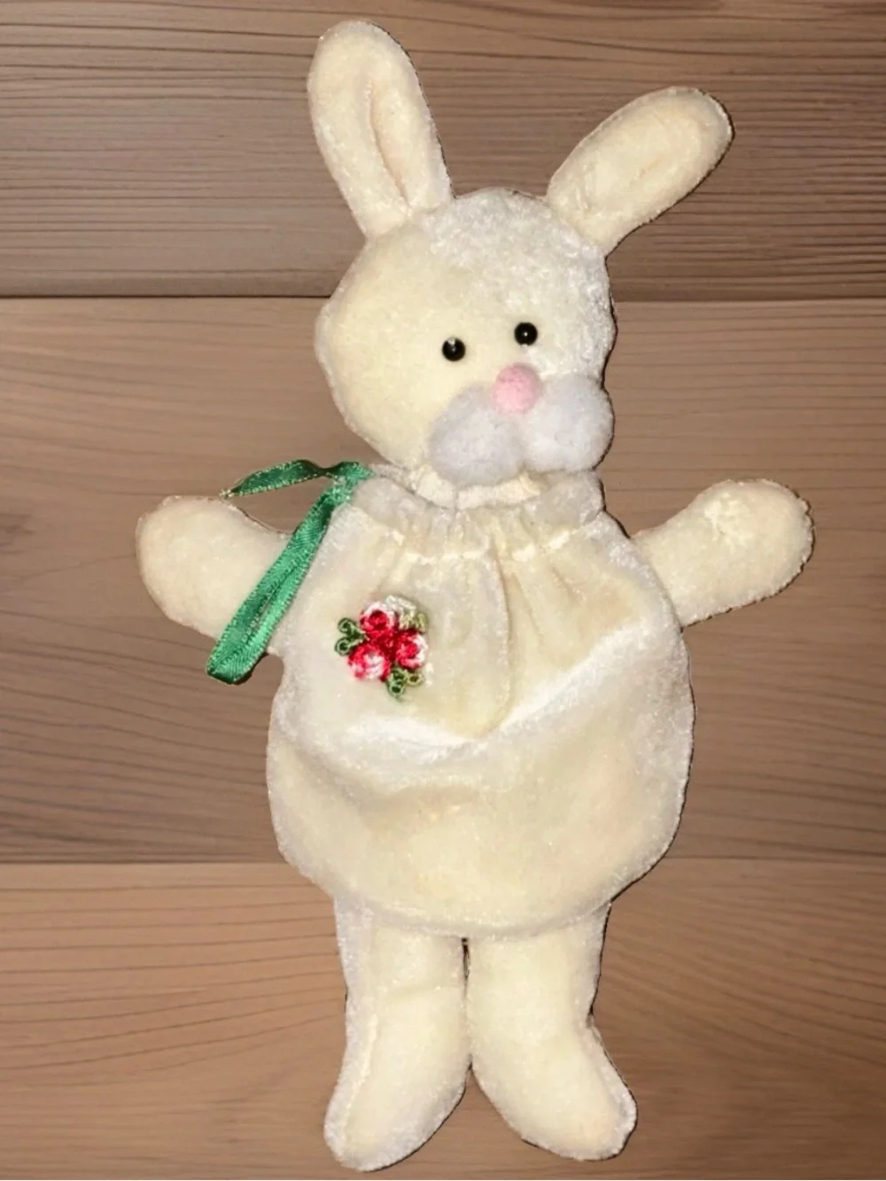 Vintage Plush Easter Bunny Candy Treat Bag Pouch Velour Ribbon Rose Detail 7”
